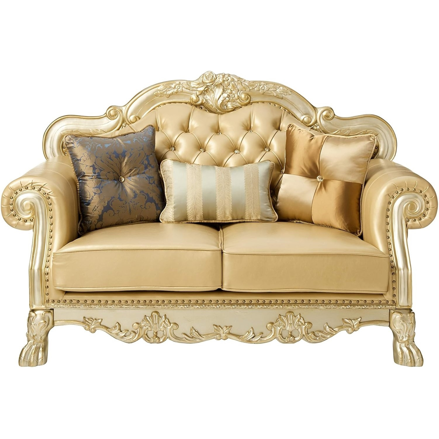 64"" Bone And Gold Faux Leather Loveseat And Toss Pillows
