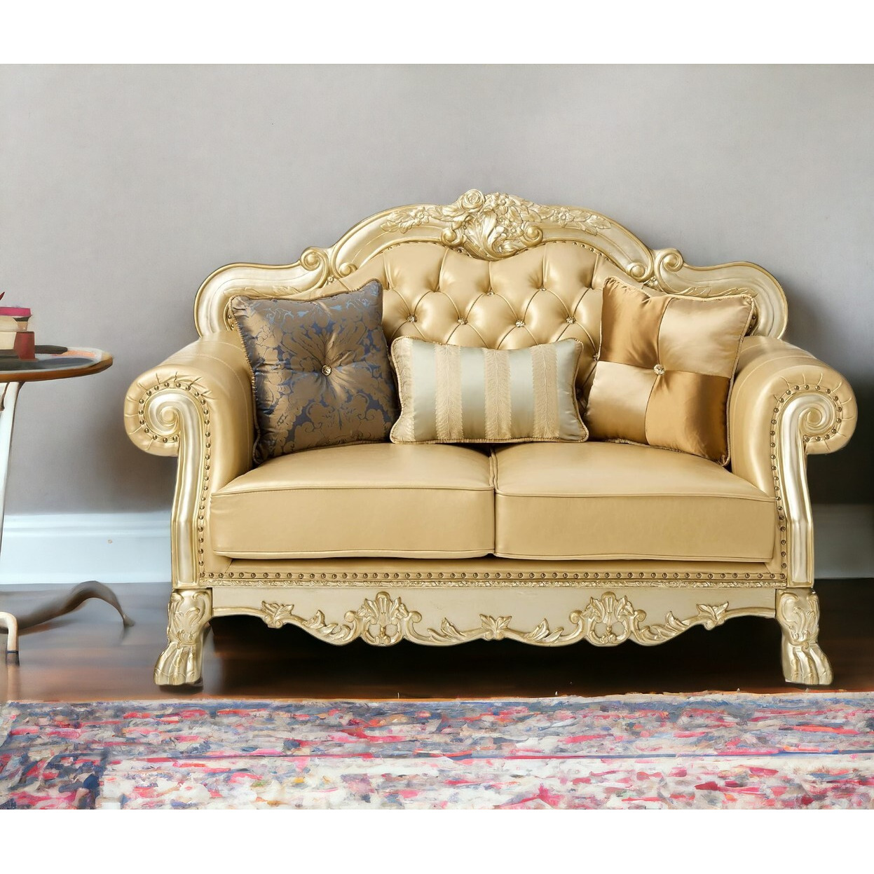 64"" Bone And Gold Faux Leather Loveseat And Toss Pillows
