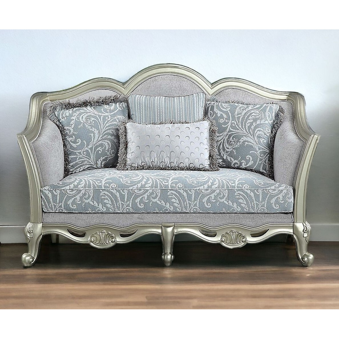 66"" Light Gray And Champagne Linen Damask Loveseat And Toss Pillows