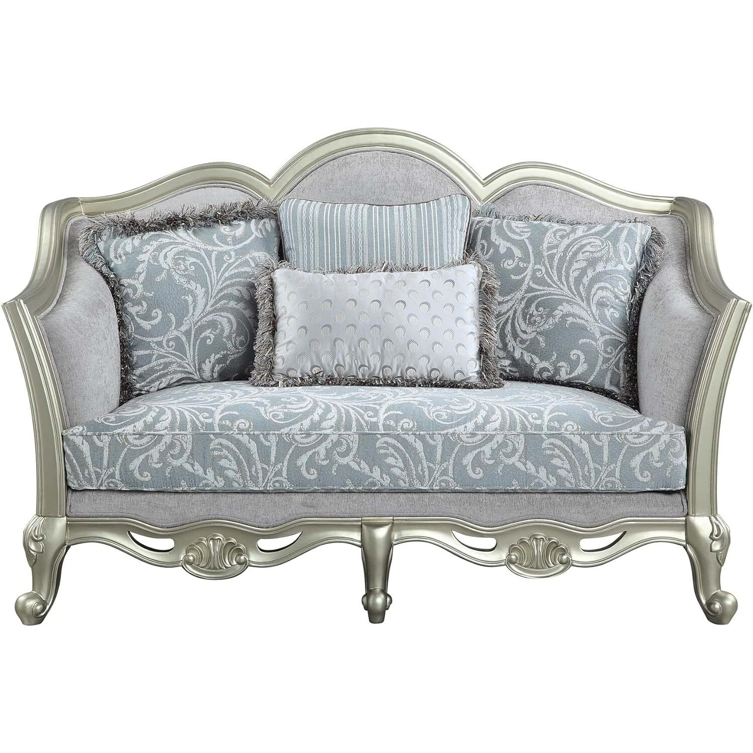 66"" Light Gray And Champagne Linen Damask Loveseat And Toss Pillows