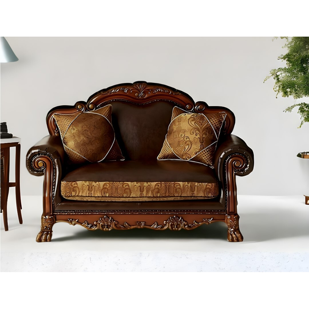 67"" Brown And Redwood Faux Leather Loveseat And Toss Pillows