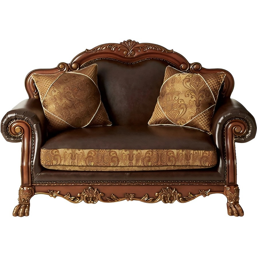67"" Brown And Redwood Faux Leather Loveseat And Toss Pillows