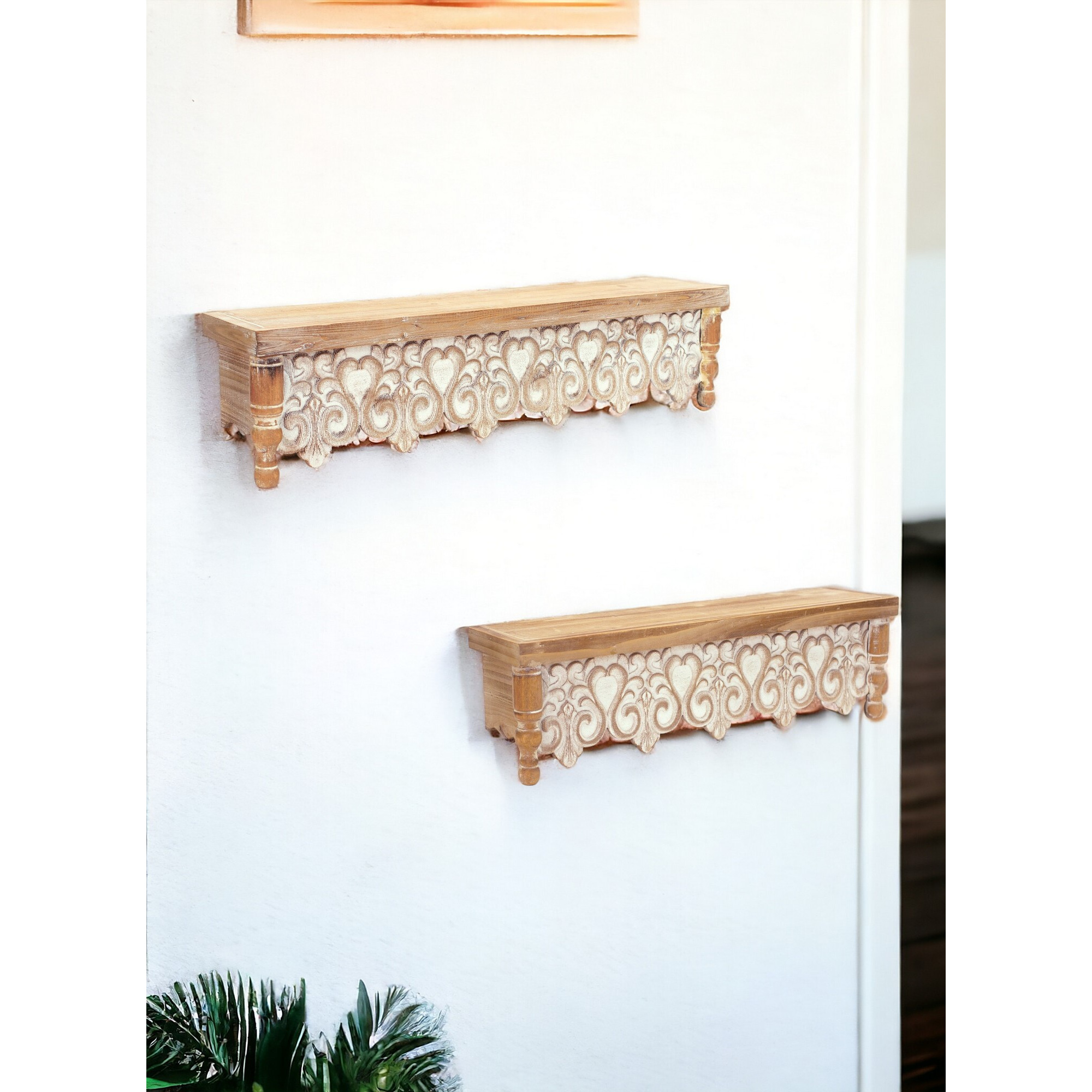 30"" Set Of Two Brown With Whitewash Solid Wood Wall Mounted Floating Shelves