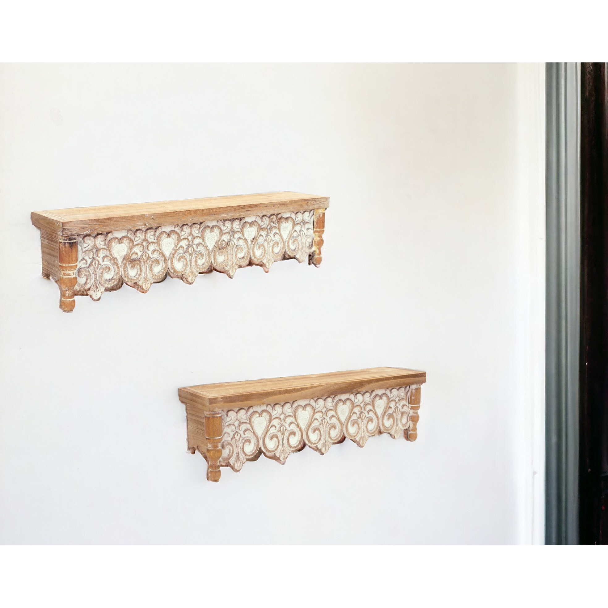 30"" Set Of Two Brown With Whitewash Solid Wood Wall Mounted Floating Shelves