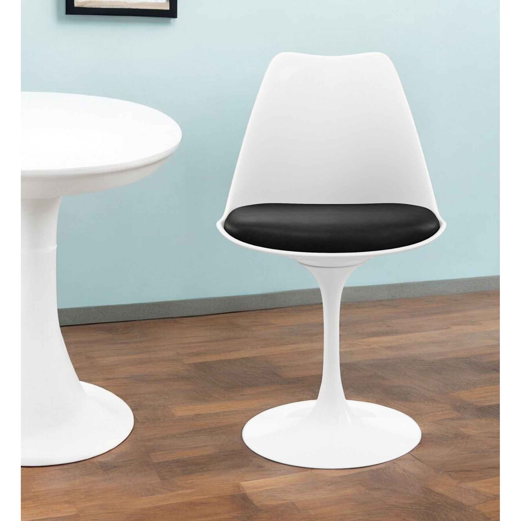 White Heavy Duty Plastic Dining Side Chair With Black Faux Leather Cushion