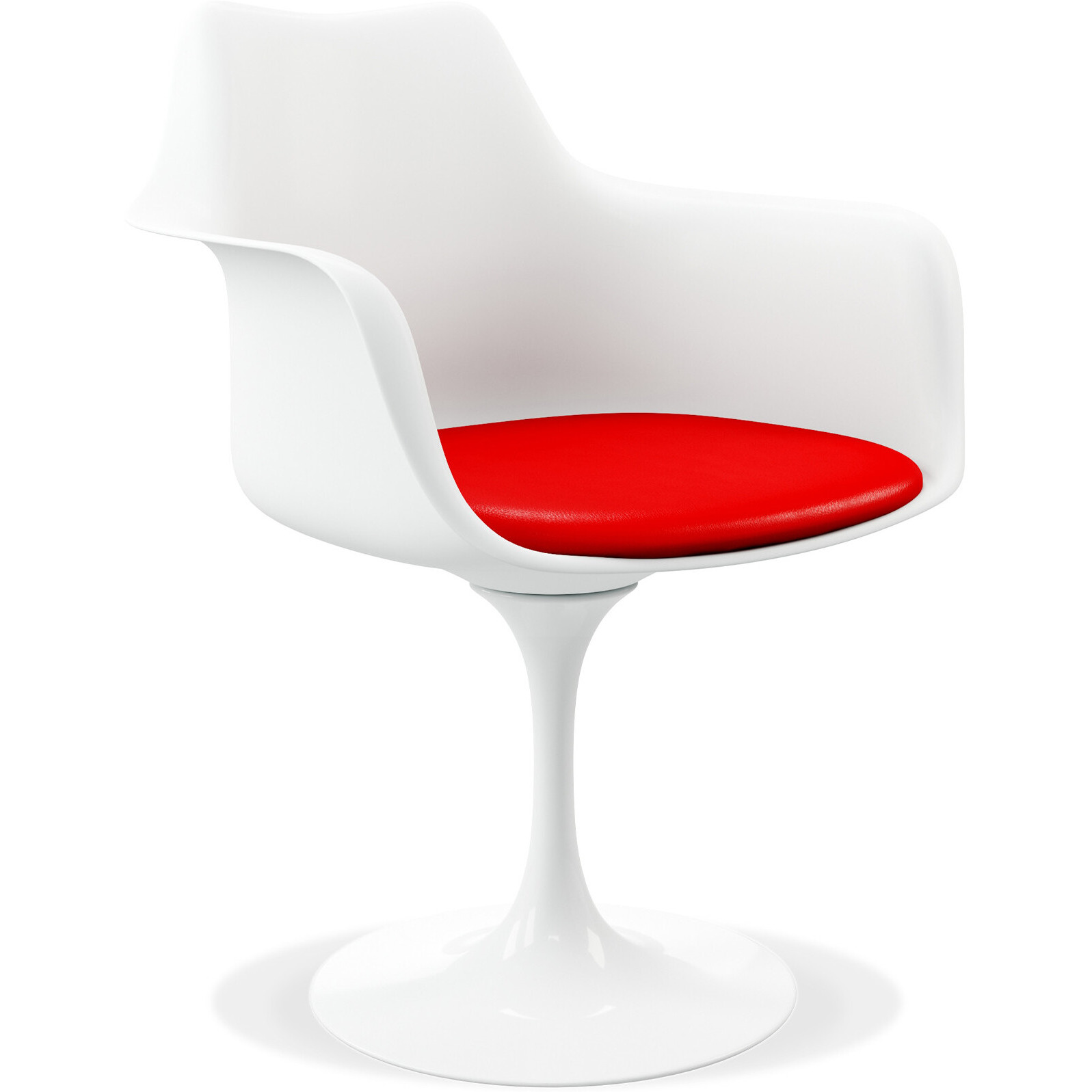 White Heavy Duty Plastic Swivel Dining Arm Chair With Red Faux Leather Cushion