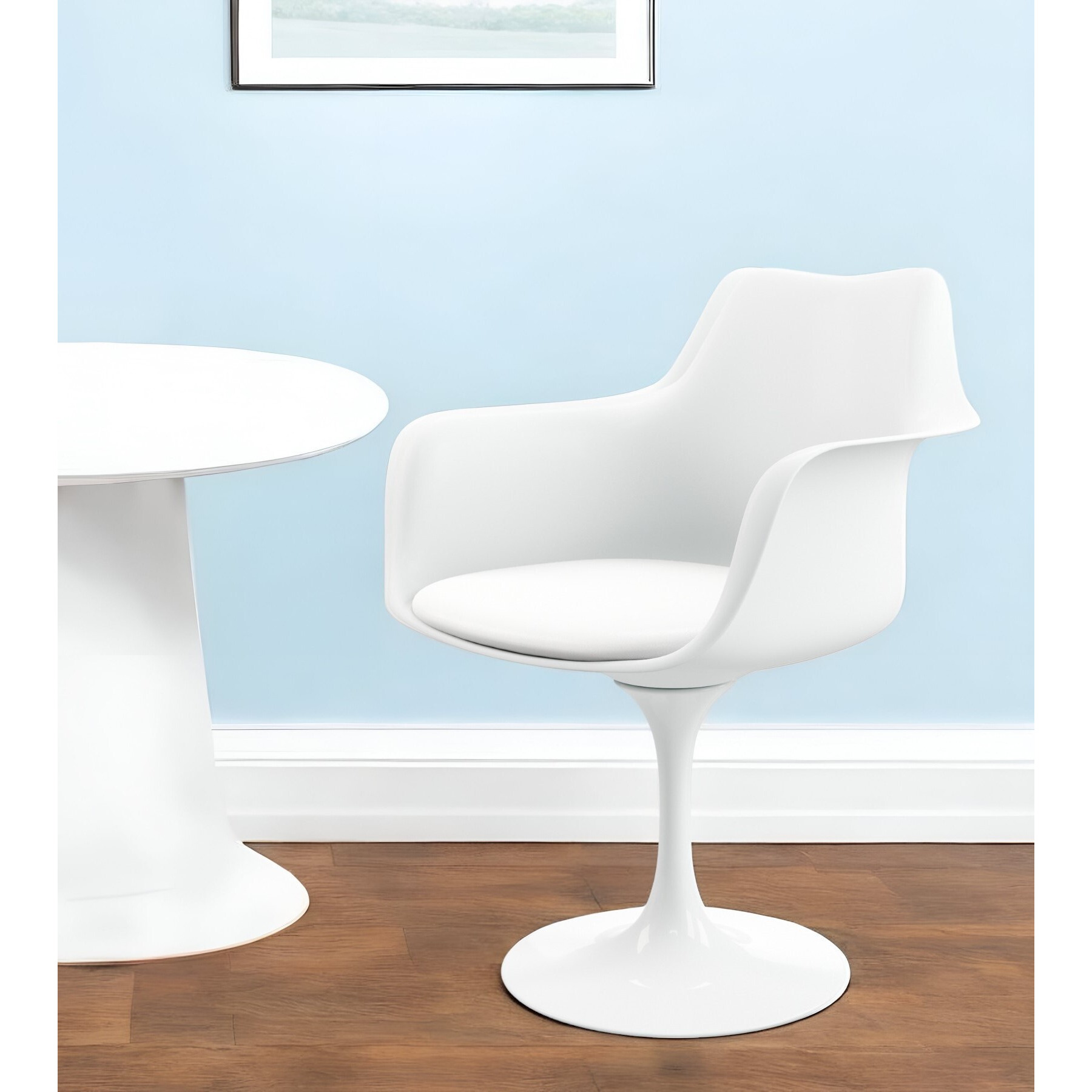 White Heavy Duty Plastic Swivel Dining Arm Chair With Faux Leather Cushion