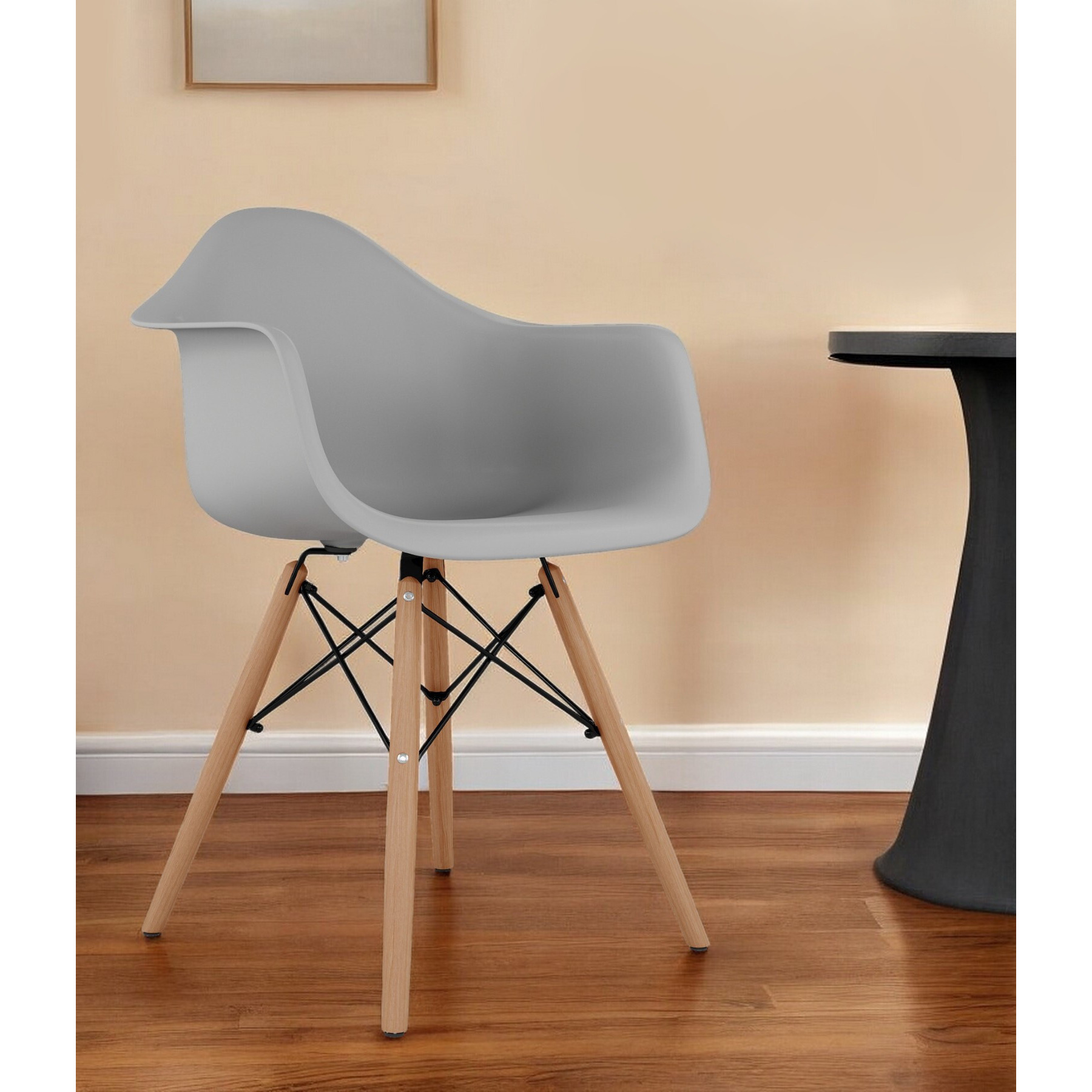 Gray And Natural Heavy Duty Plastic And Solid Wood Dining Arm Chair