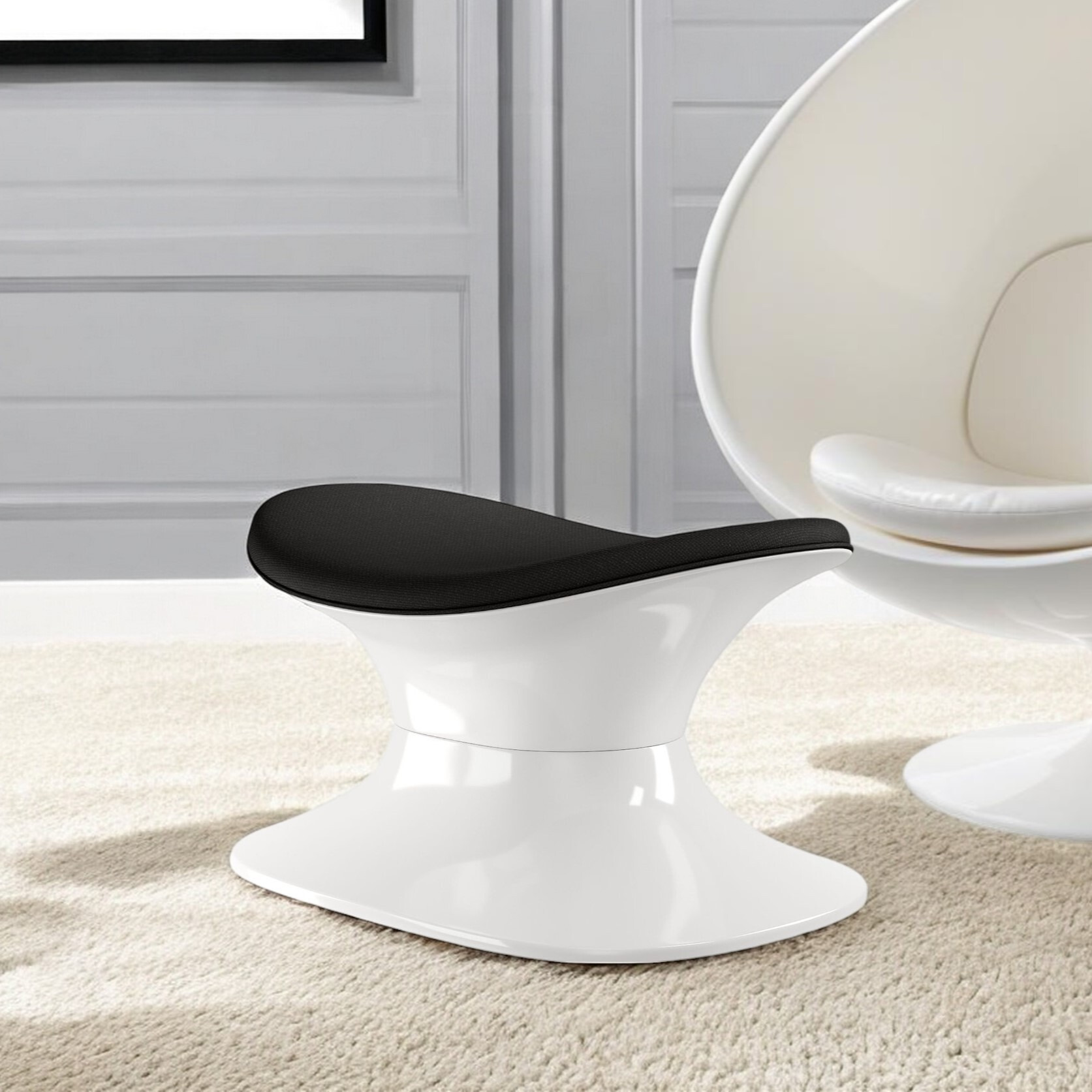 21"" Black And White Wool And Fiberglass Contempo Footstool Ottoman