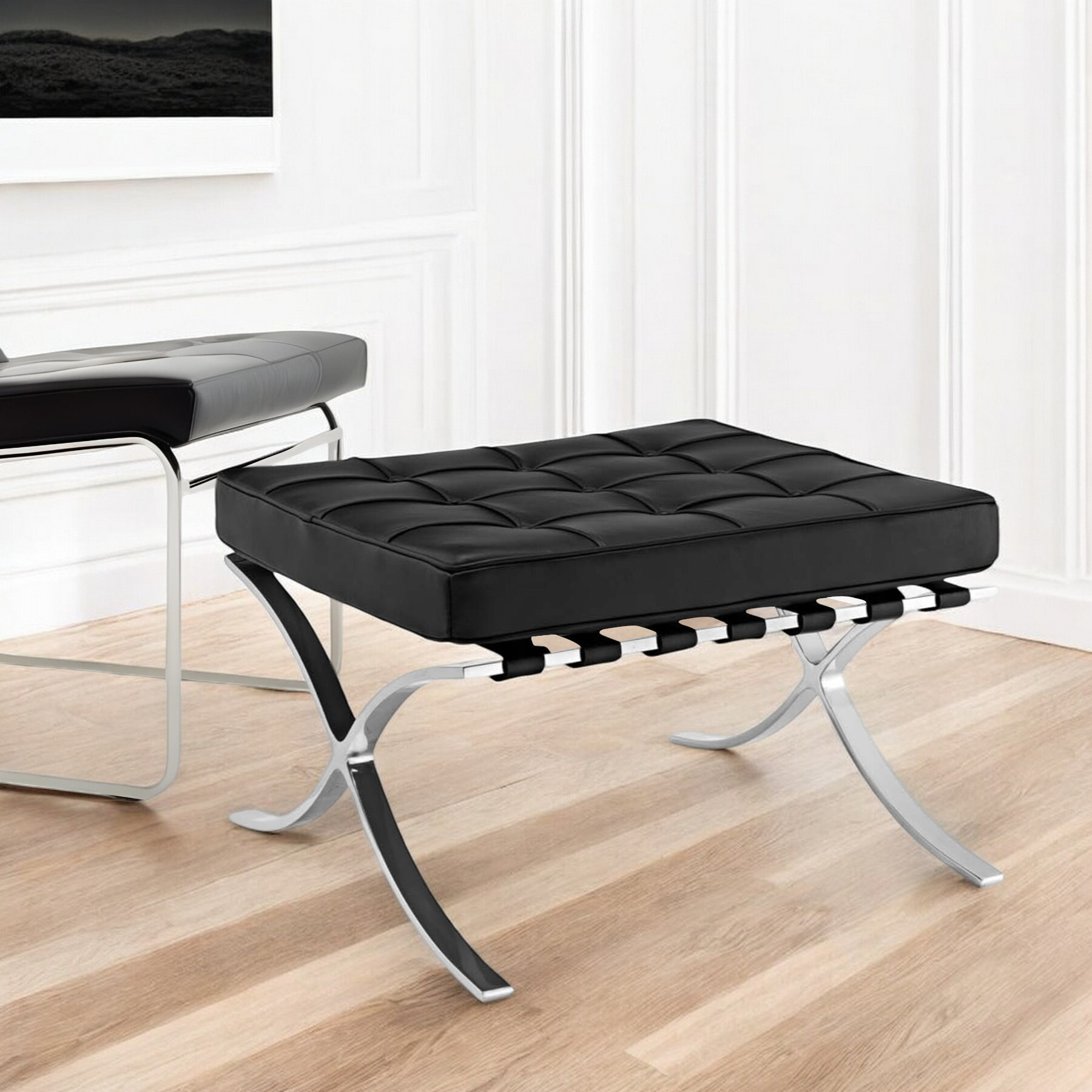 24"" Black Genuine Leather And Silver Tufted Footstool Ottoman