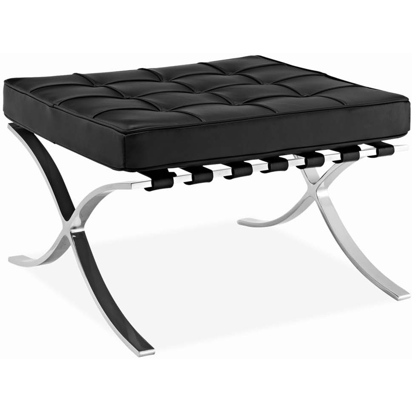 24"" Black Genuine Leather And Silver Tufted Footstool Ottoman