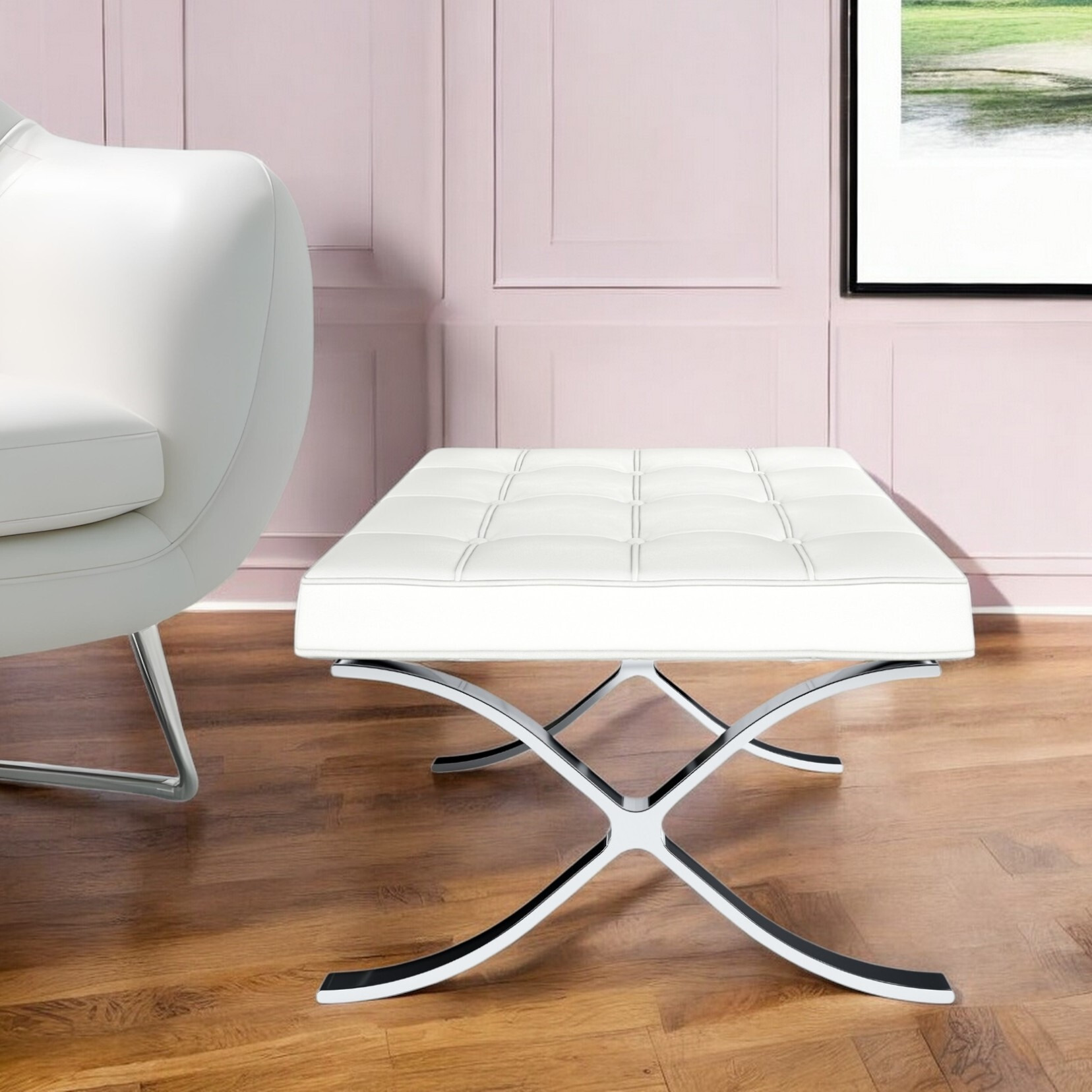 24"" White Genuine Leather And Silver Tufted Footstool Ottoman