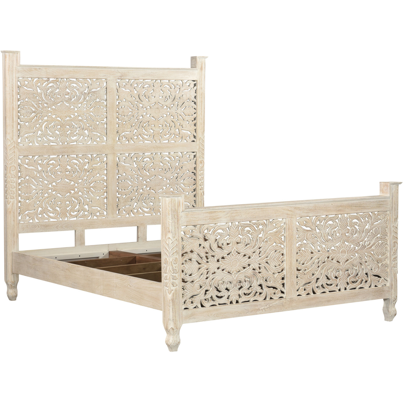 Distressed White Floral Carved Wood Queen Bed