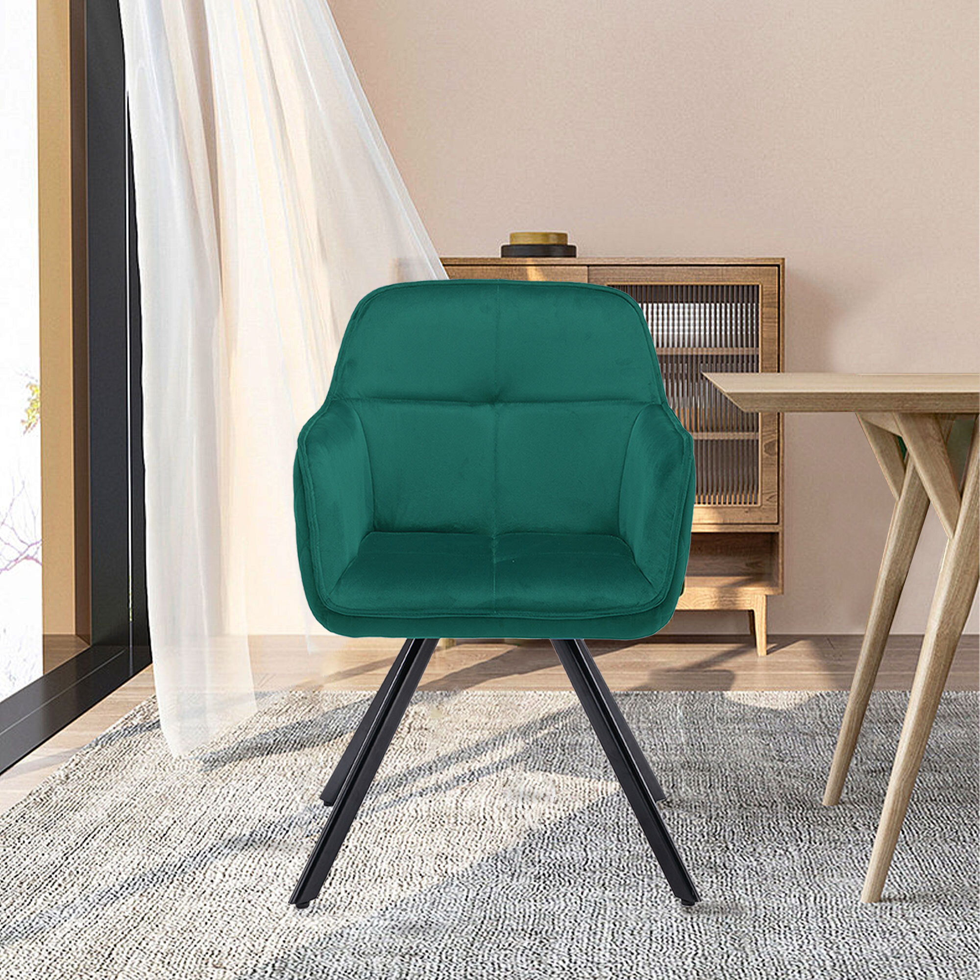 Tufted Green And Black Velvet And Metal Dining Arm Chair