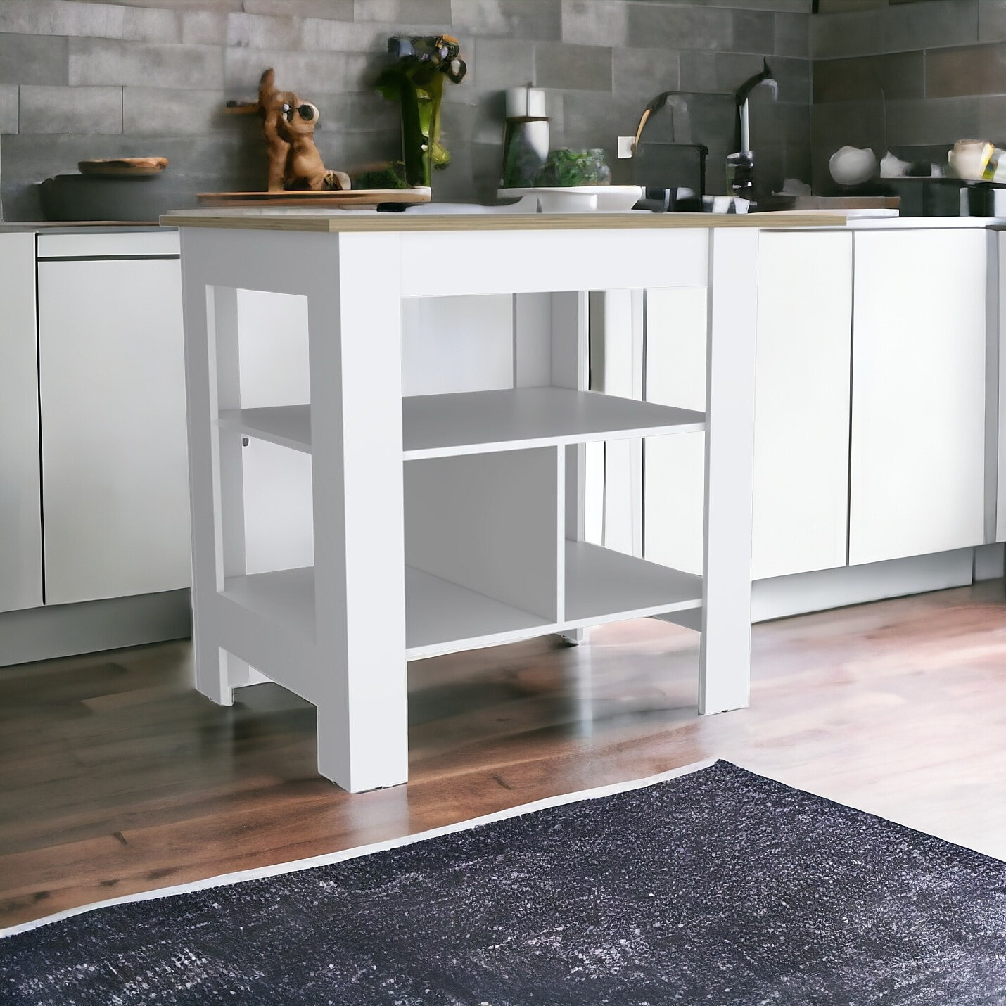 White And Natural 41"" Kitchen Island Set With Storage