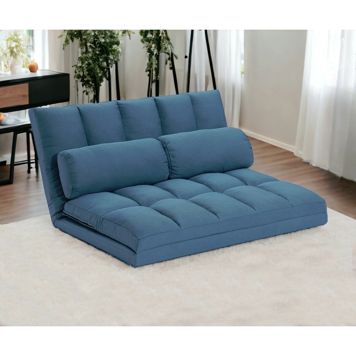 45"" Blue Futon Convertible Sleeper Loveseat And Toss Pillows