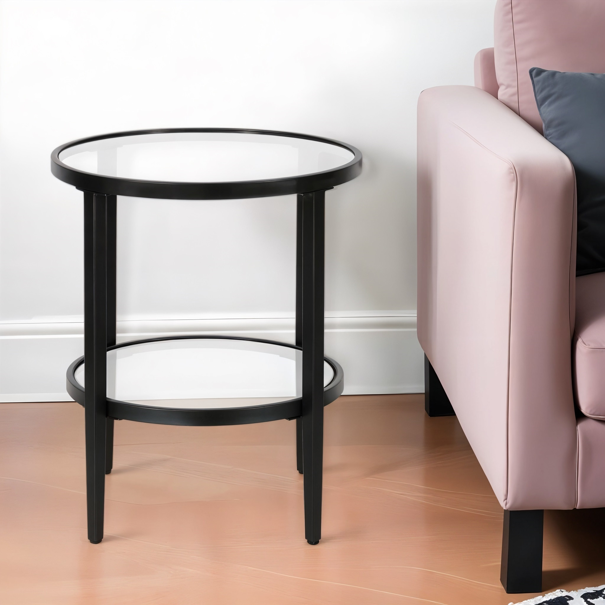 24"" Black And Clear Glass And Steel Round End Table With Shelf