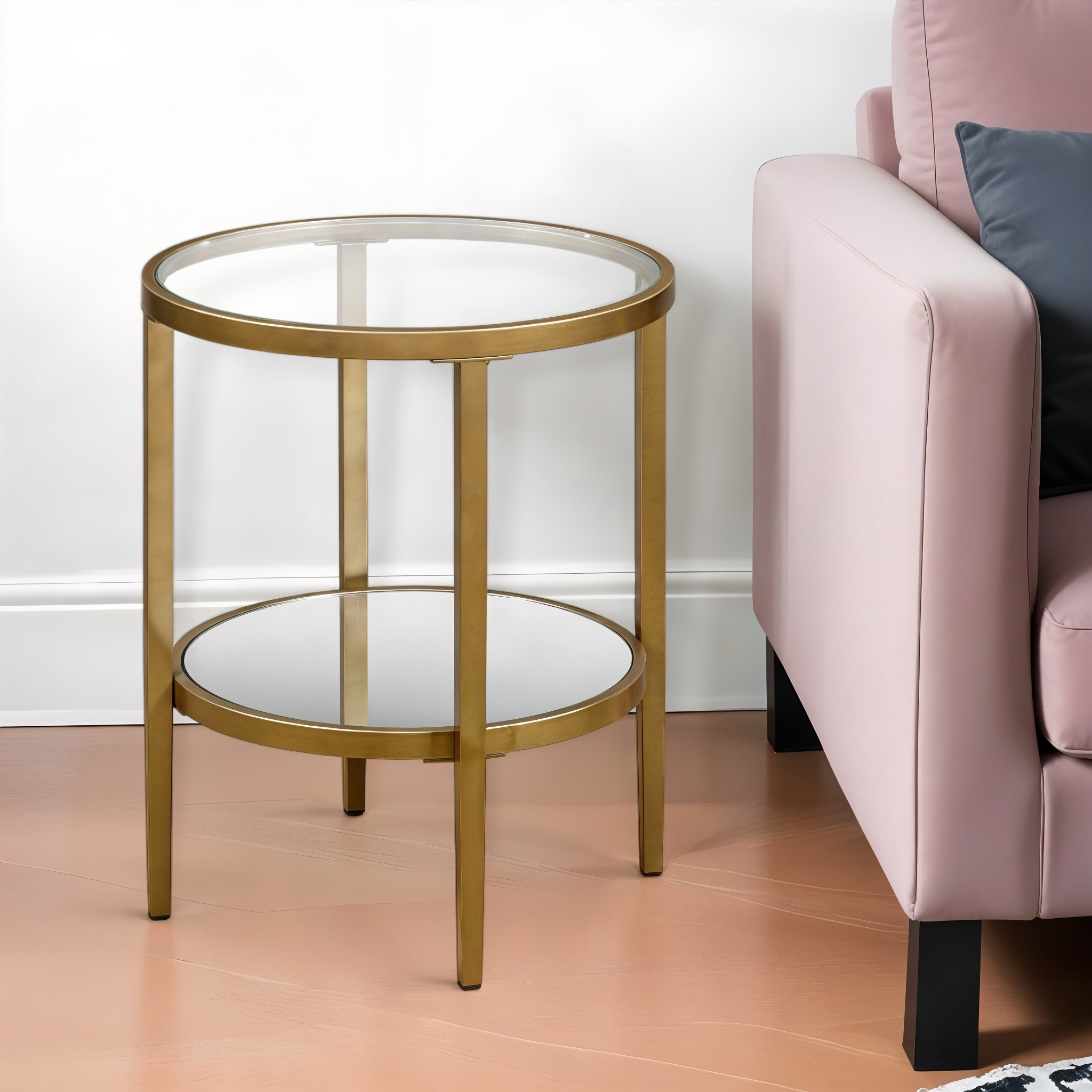 24"" Antiqued Brass And Clear Glass And Steel Round Mirrored End Table With Shelf