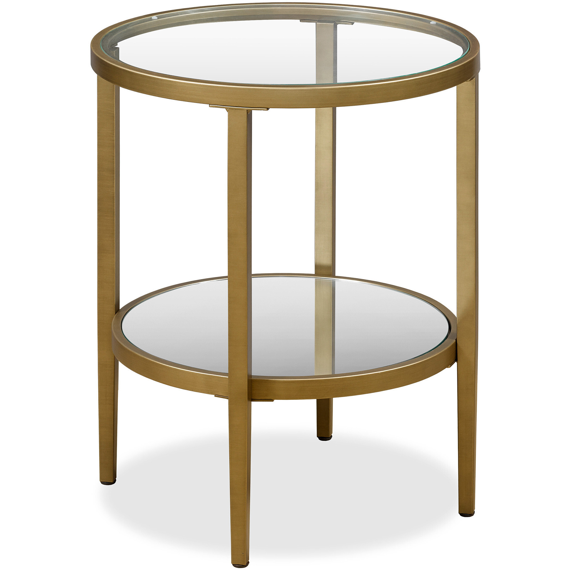 24"" Antiqued Brass And Clear Glass And Steel Round Mirrored End Table With Shelf