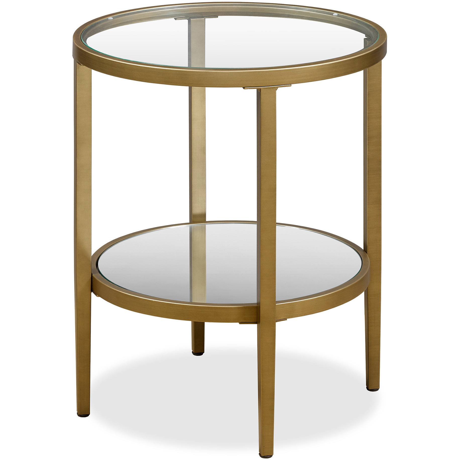 24"" Antiqued Brass And Clear Glass And Steel Round Mirrored End Table With Shelf