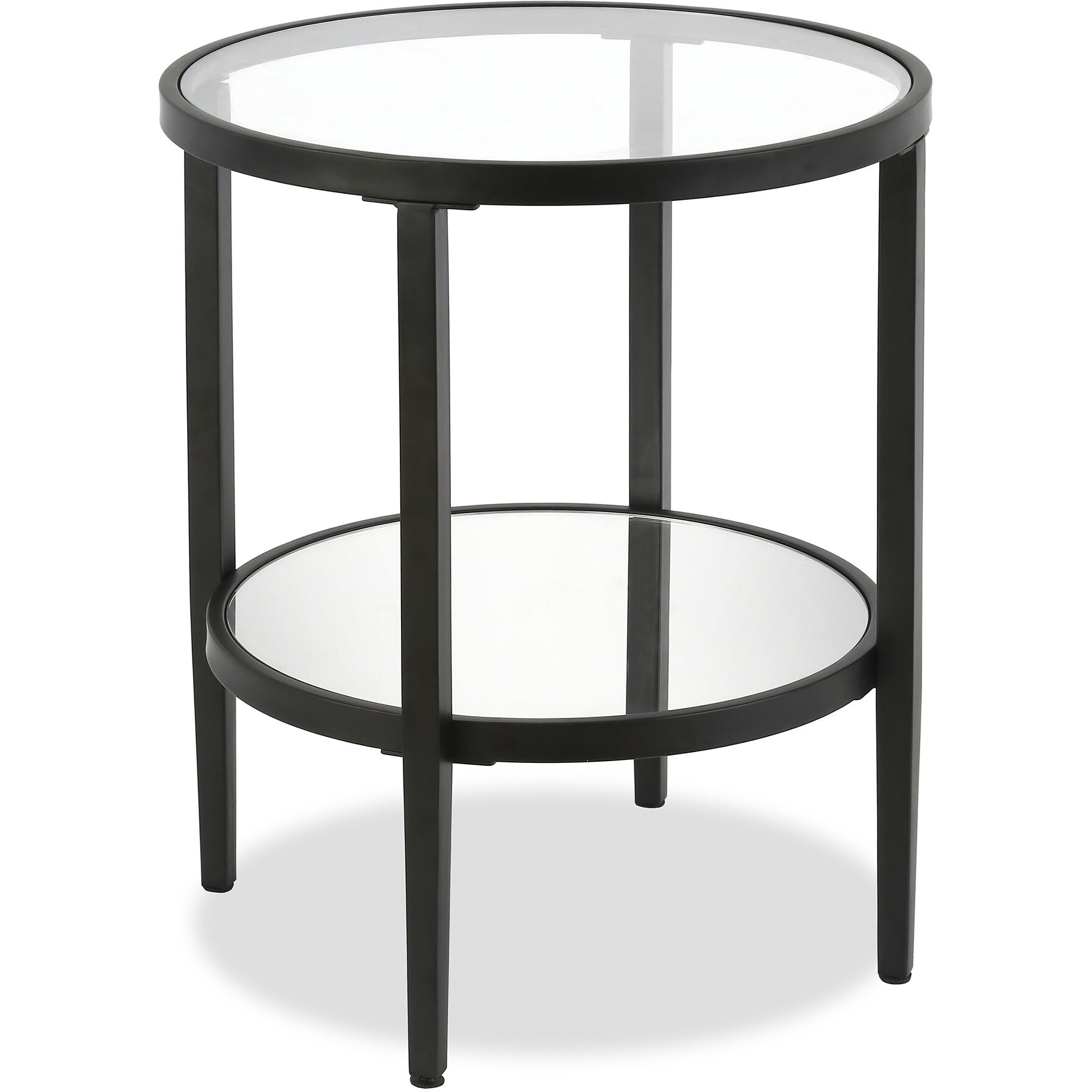 24"" Black And Clear Glass And Steel Round Mirrored End Table With Shelf