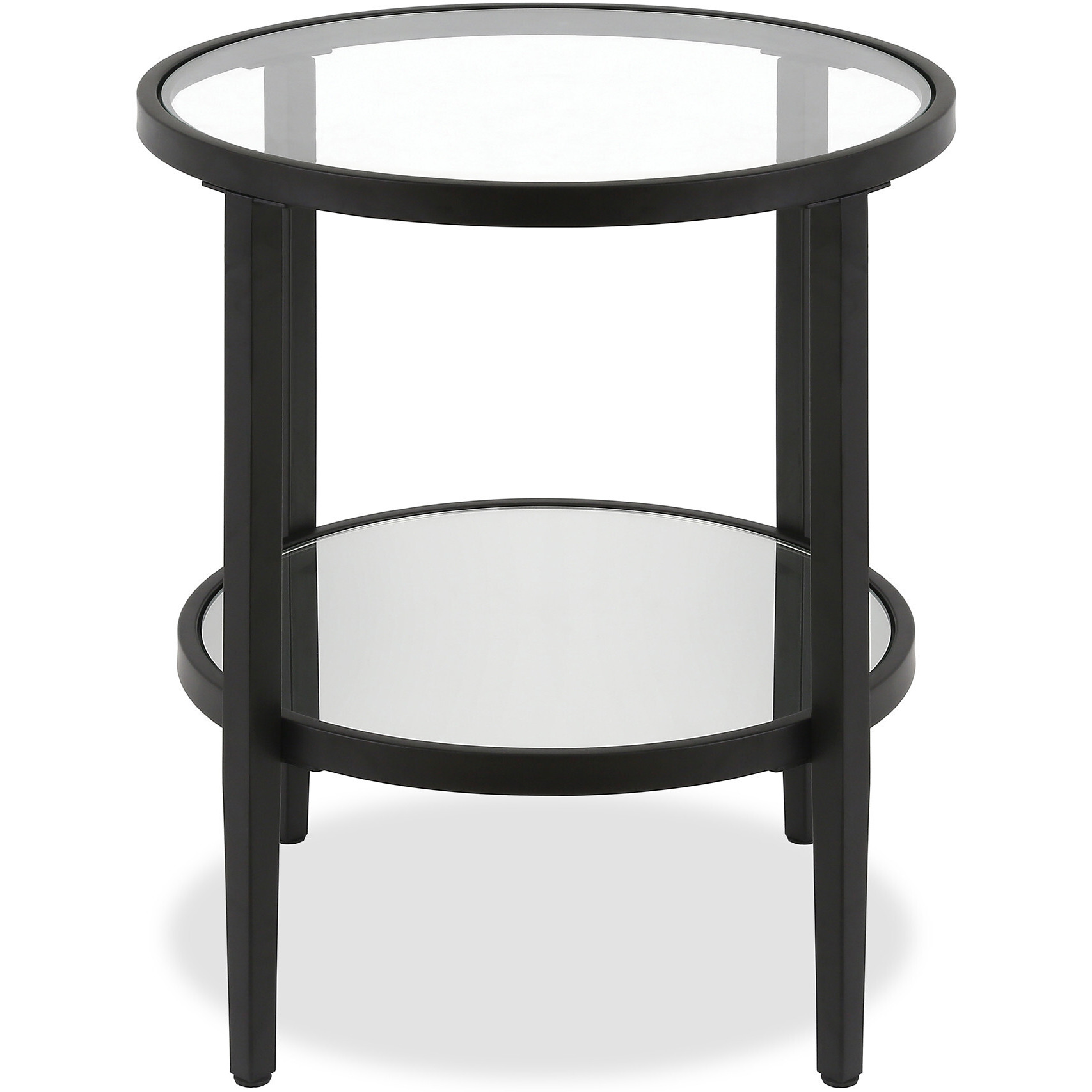 24"" Black And Clear Glass And Steel Round Mirrored End Table With Shelf