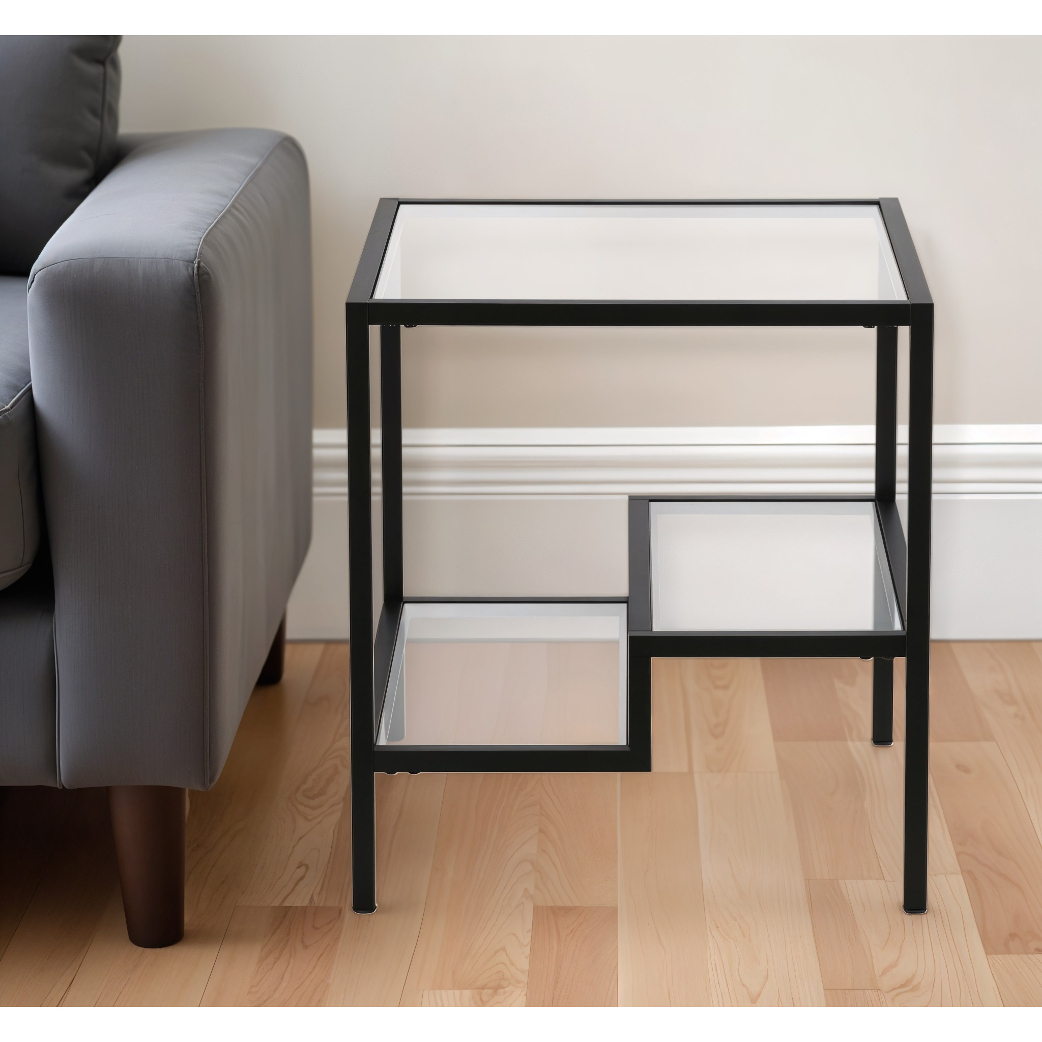 22"" Black And Clear Glass And Steel Square End Table With Two Shelves