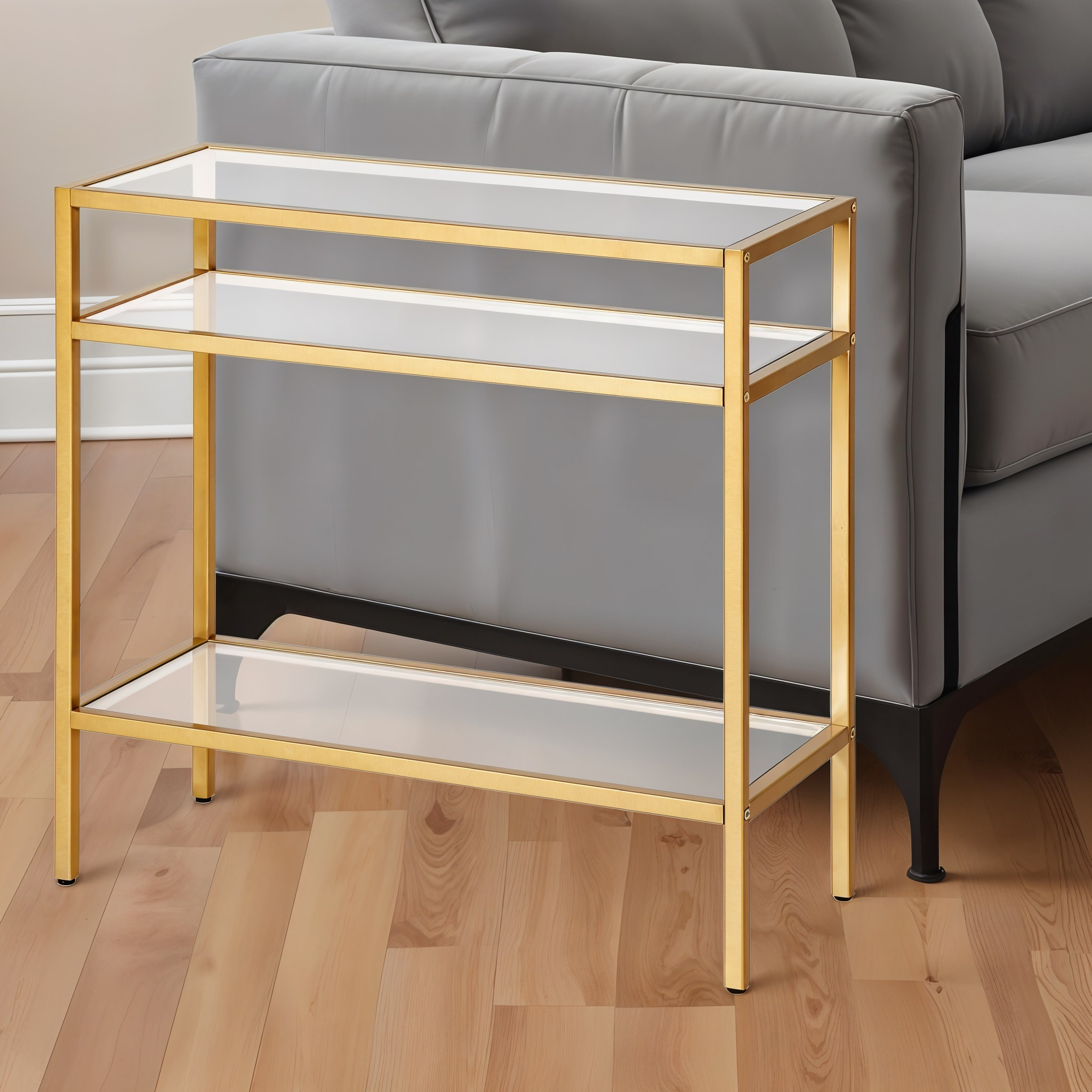 24"" Brass And Clear Glass And Steel End Table With Two Shelves