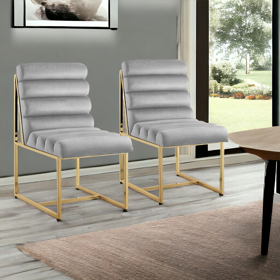 Set Of Two Tufted Gray And Gold Upholstered Velvet Dining Side Chairs