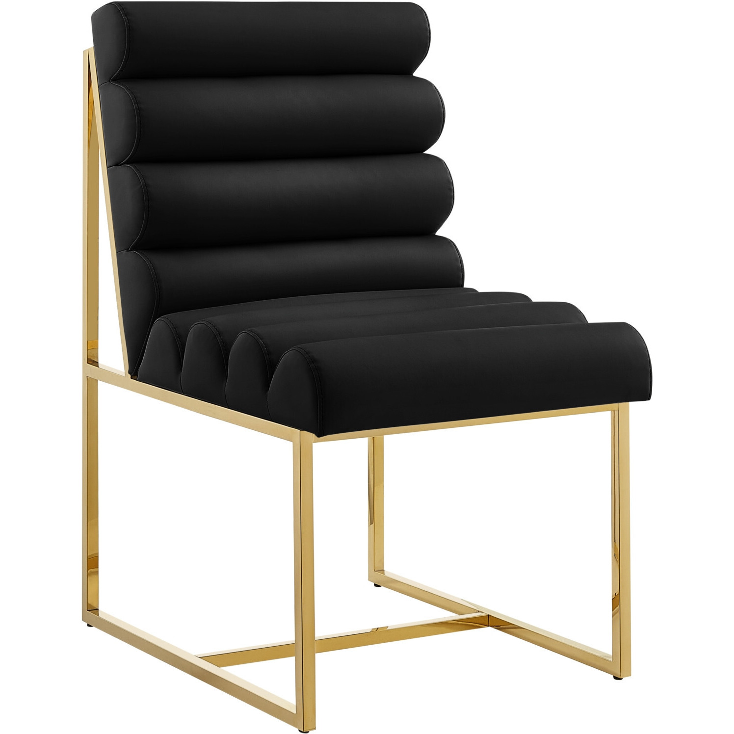Set Of Two Tufted Black And Gold Upholstered Faux Leather Dining Side Chairs