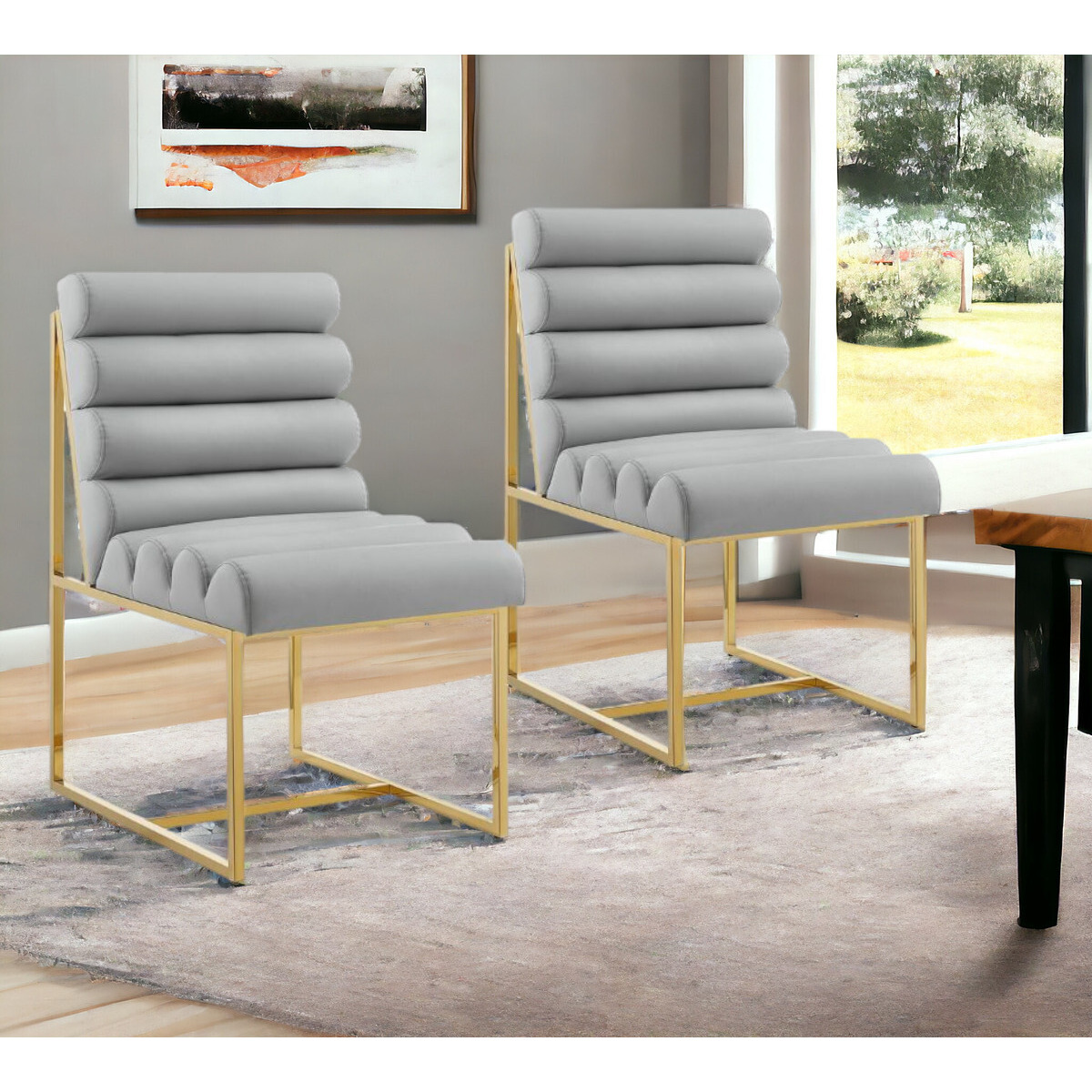 Set Of Two Tufted Gray And Gold Upholstered Faux Leather Dining Side Chairs