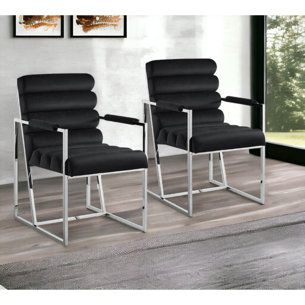Set Of Two Tufted Black And Silver Metallic Upholstered Velvet Dining Arm Chairs