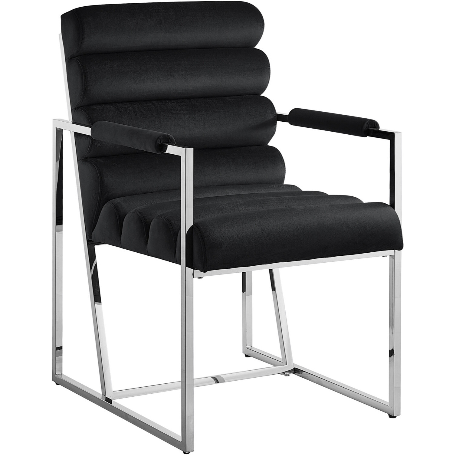 Set Of Two Tufted Black And Silver Metallic Upholstered Velvet Dining Arm Chairs