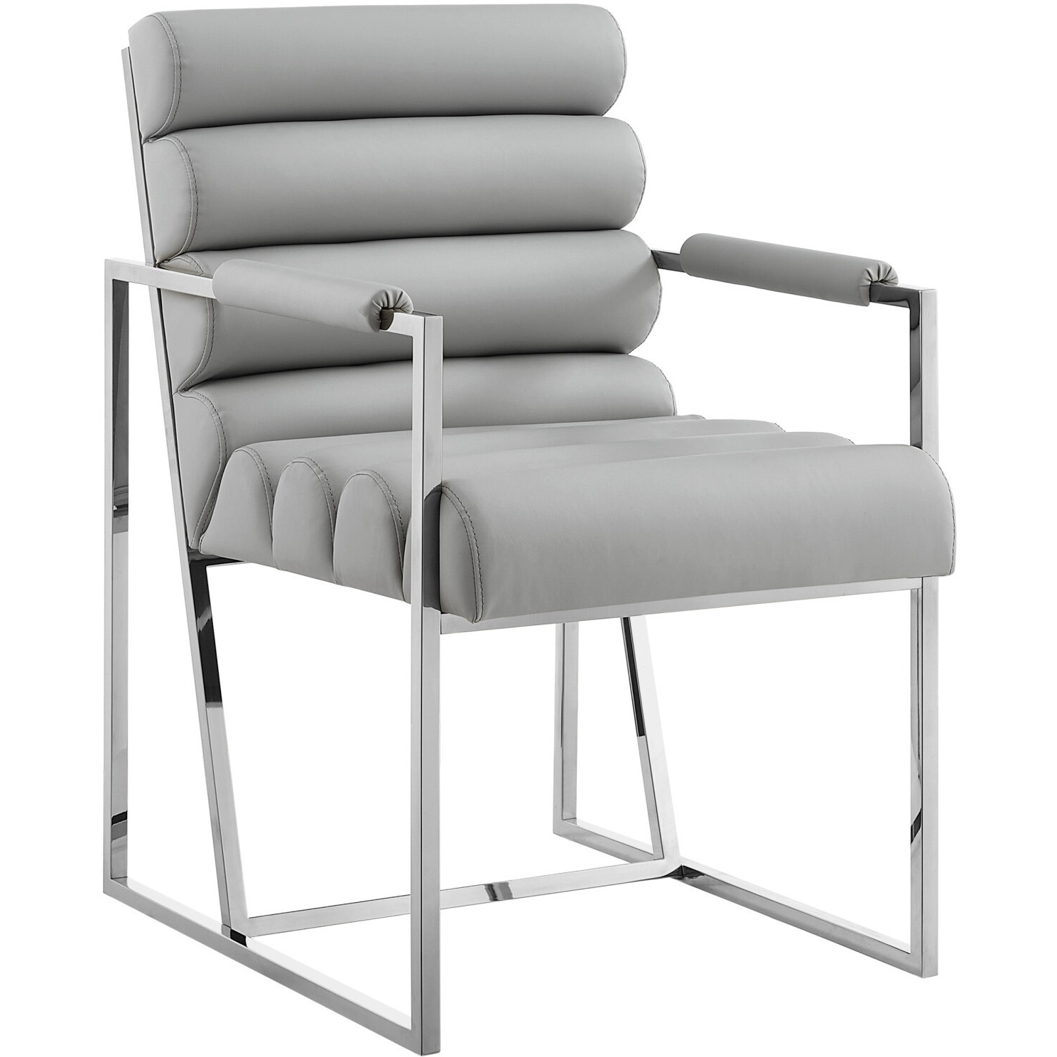 Set Of Two Tufted Gray And Silver Metallic Upholstered Faux Leather Dining Arm Chairs