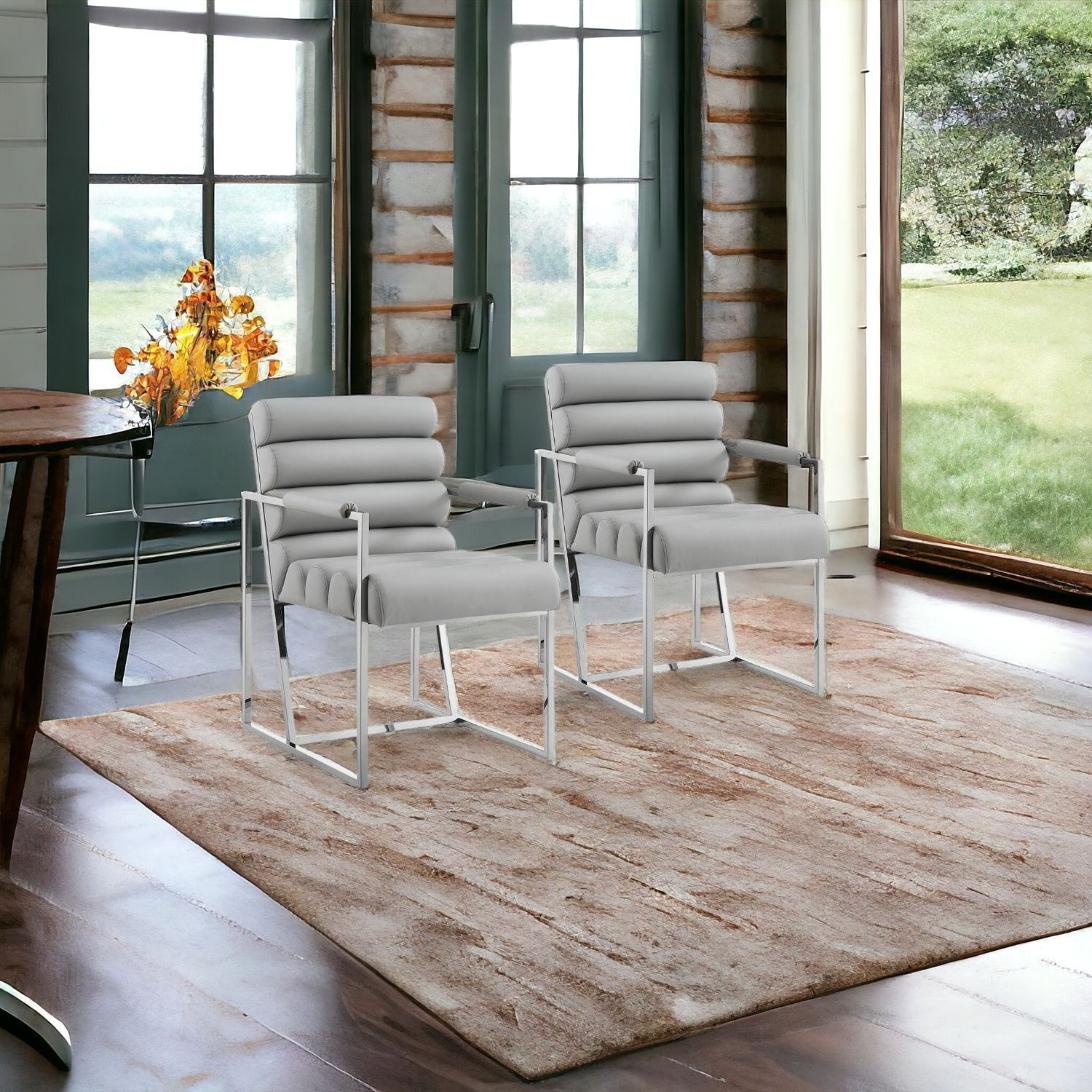 Set Of Two Tufted Gray And Silver Metallic Upholstered Faux Leather Dining Arm Chairs
