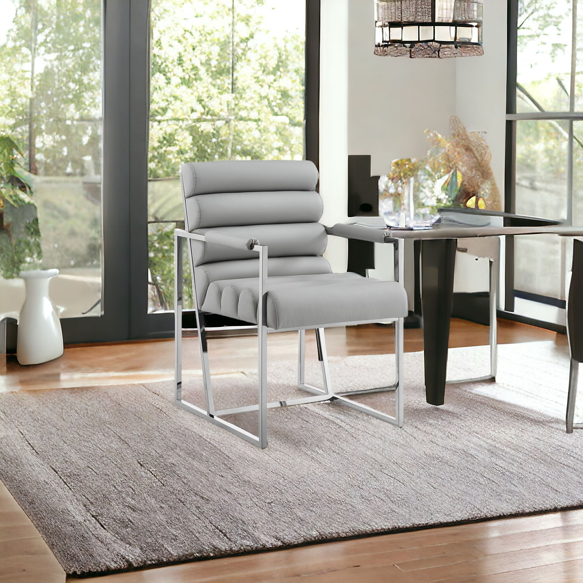 Set Of Two Tufted Gray And Silver Metallic Upholstered Faux Leather Dining Arm Chairs