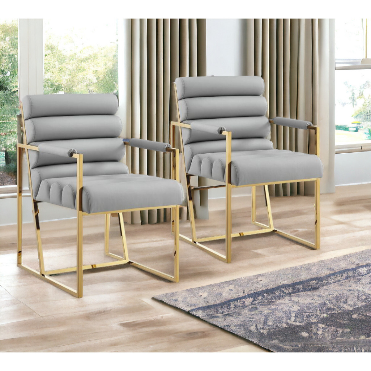 Set Of Two Tufted Gray And Gold Upholstered Faux Leather Dining Arm Chairs