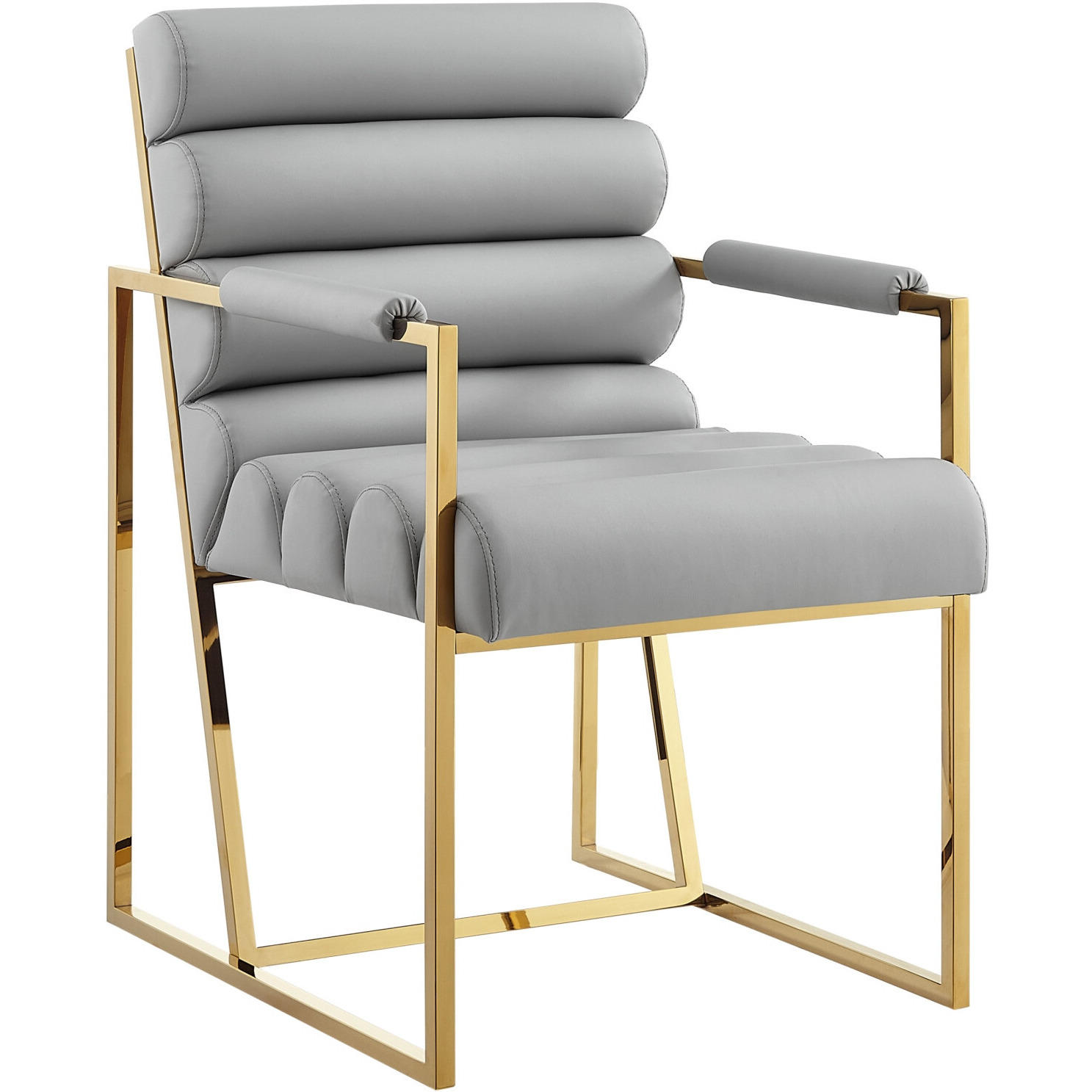 Set Of Two Tufted Gray And Gold Upholstered Faux Leather Dining Arm Chairs