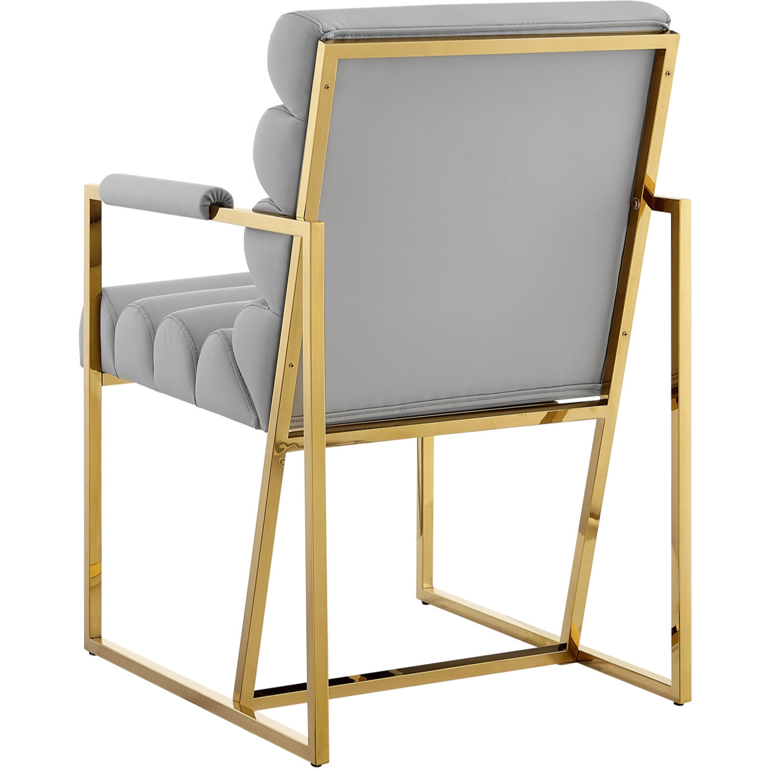 Set Of Two Tufted Gray And Gold Upholstered Faux Leather Dining Arm Chairs