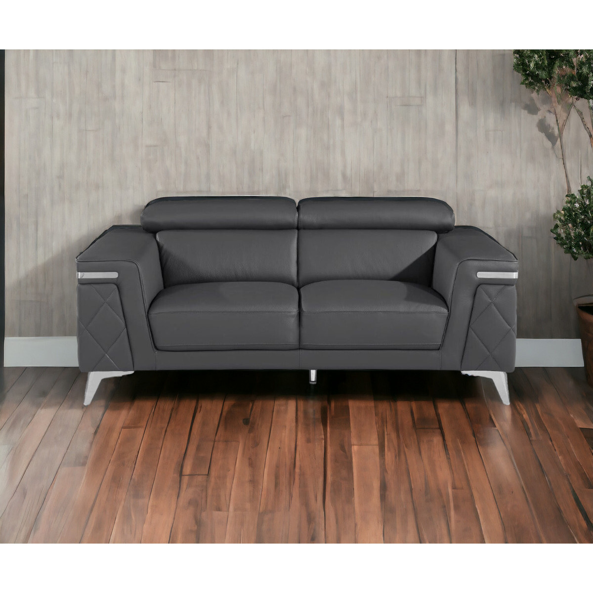 70"" Dark Gray And Silver Metallic Leather Loveseat