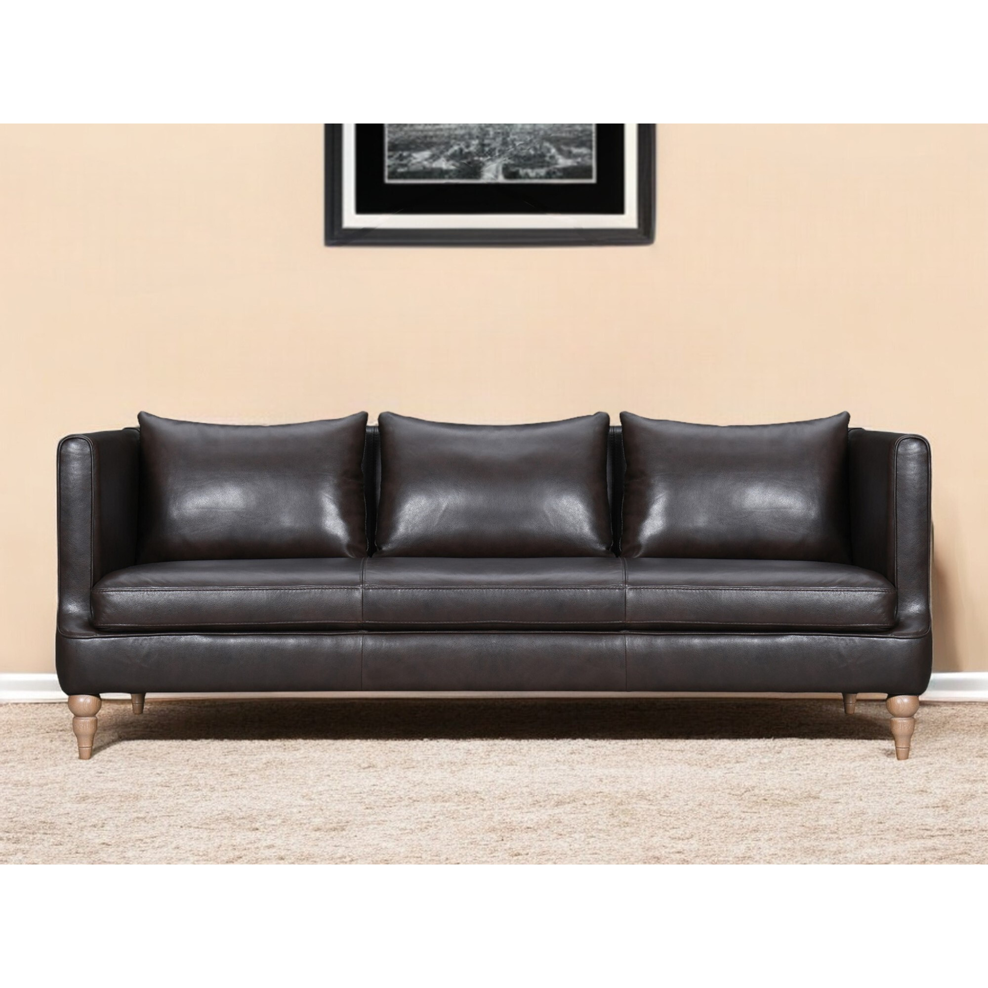 85"" Dark Brown Leather Sofa With Brown Legs