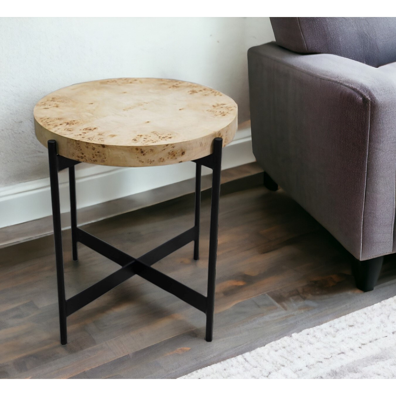 22"" Black And Brown Wood And Metal Round End Table
