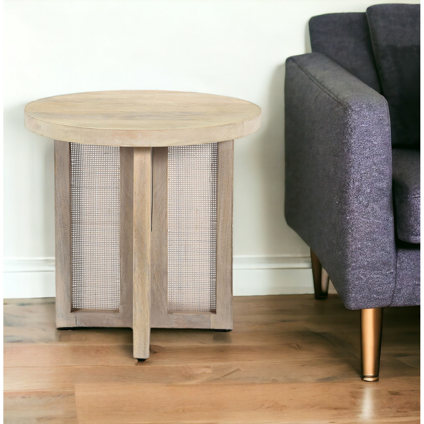 22"" Natural Solid Wood And Rattan Round End Table