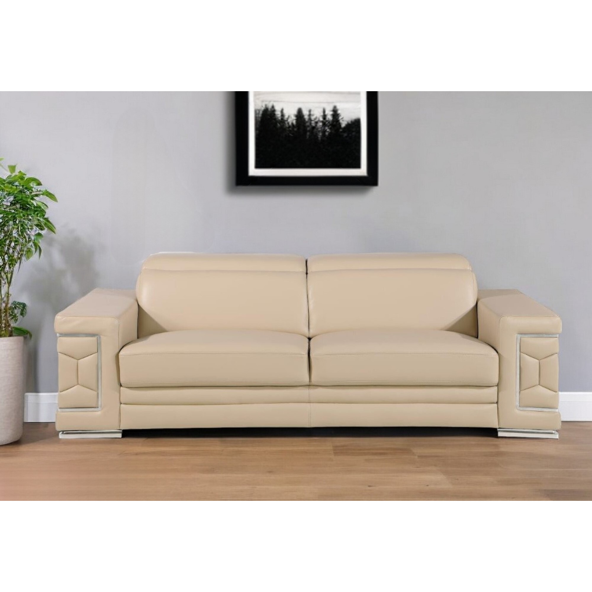 89"" Beige Leather Sofa With Silver Legs