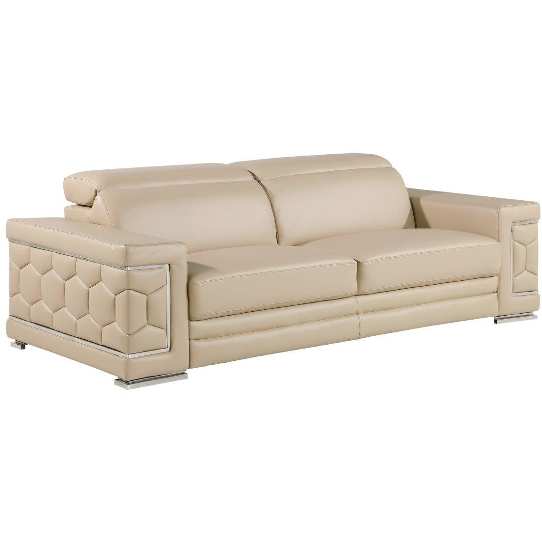 89"" Beige Leather Sofa With Silver Legs