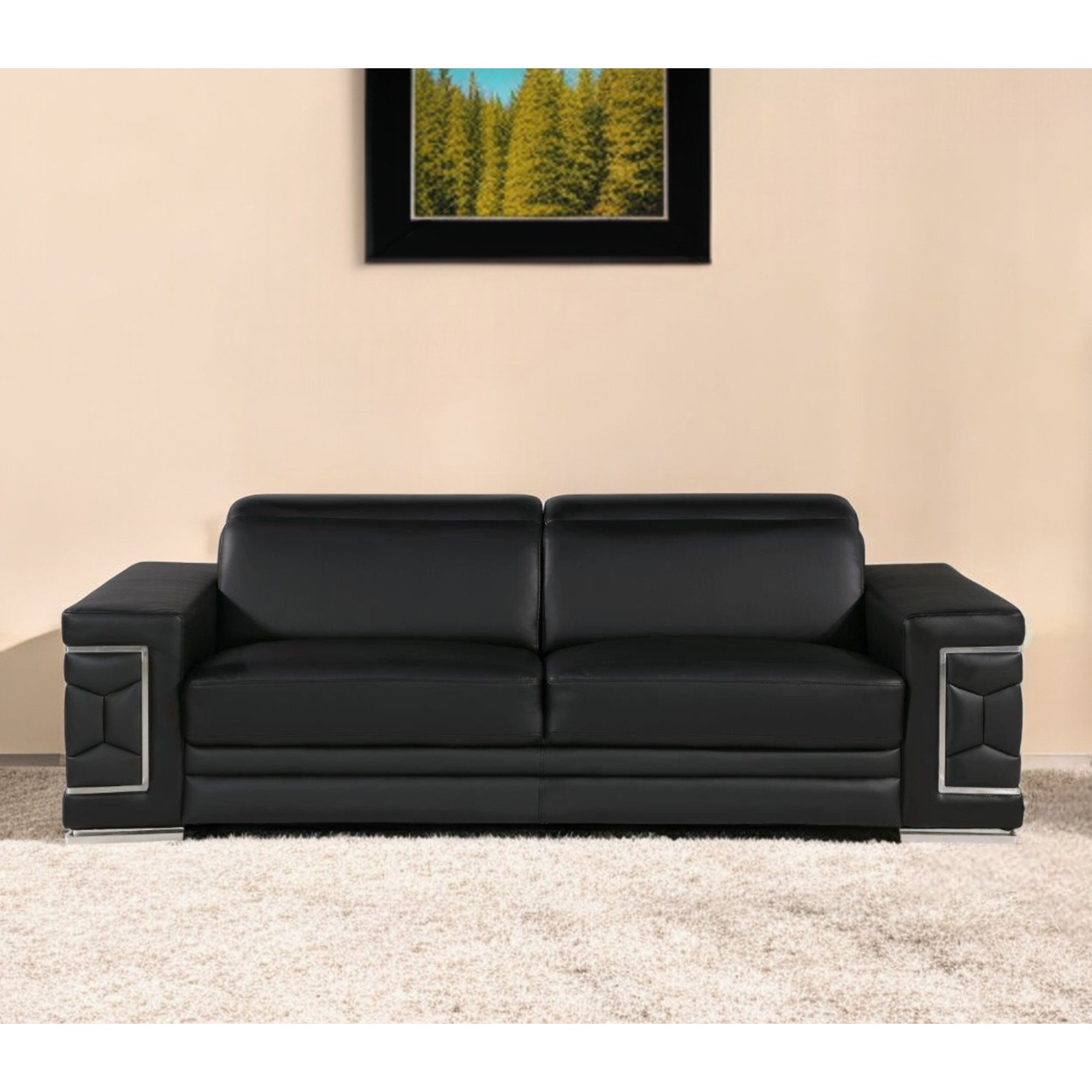 89"" Black Leather Sofa With Silver Legs