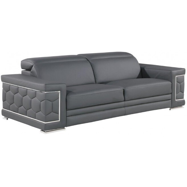 89"" Gray Leather Sofa With Silver Legs