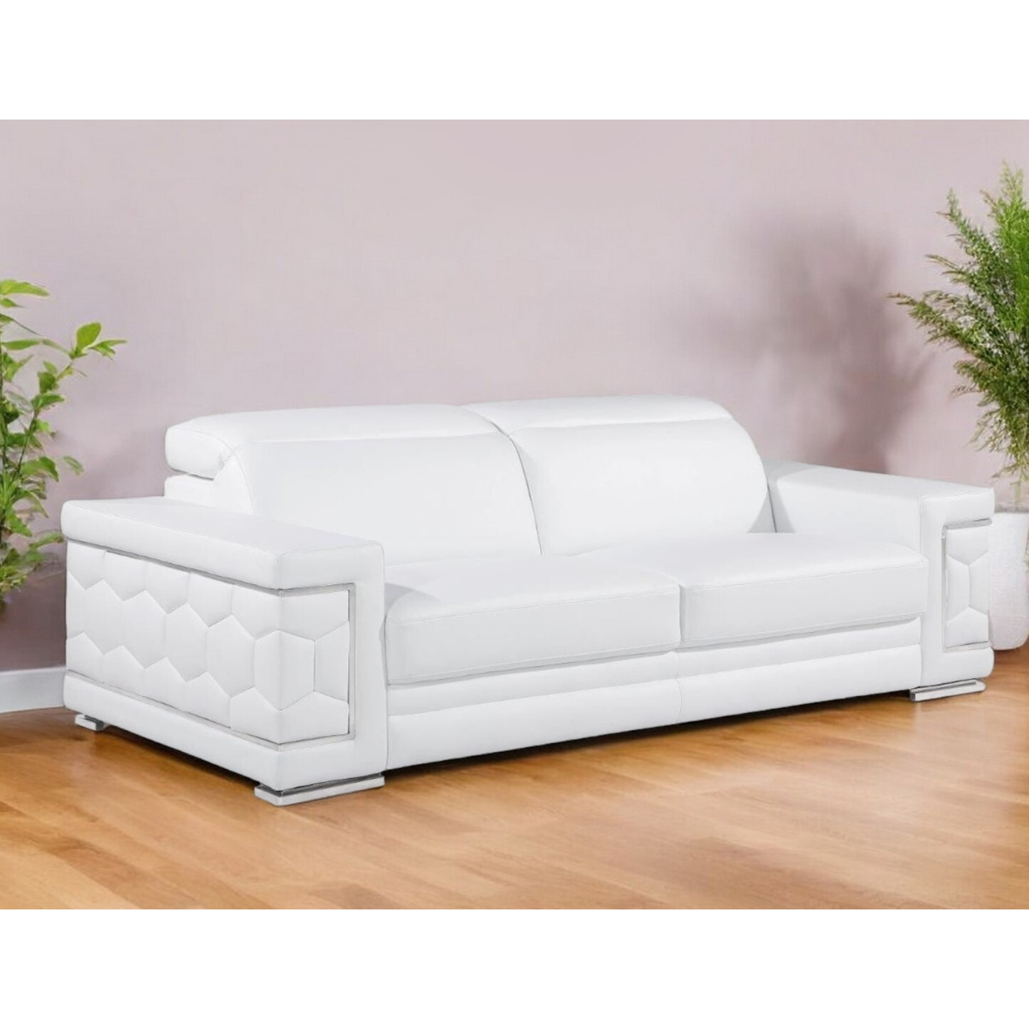 89"" White Leather Sofa With Silver Legs