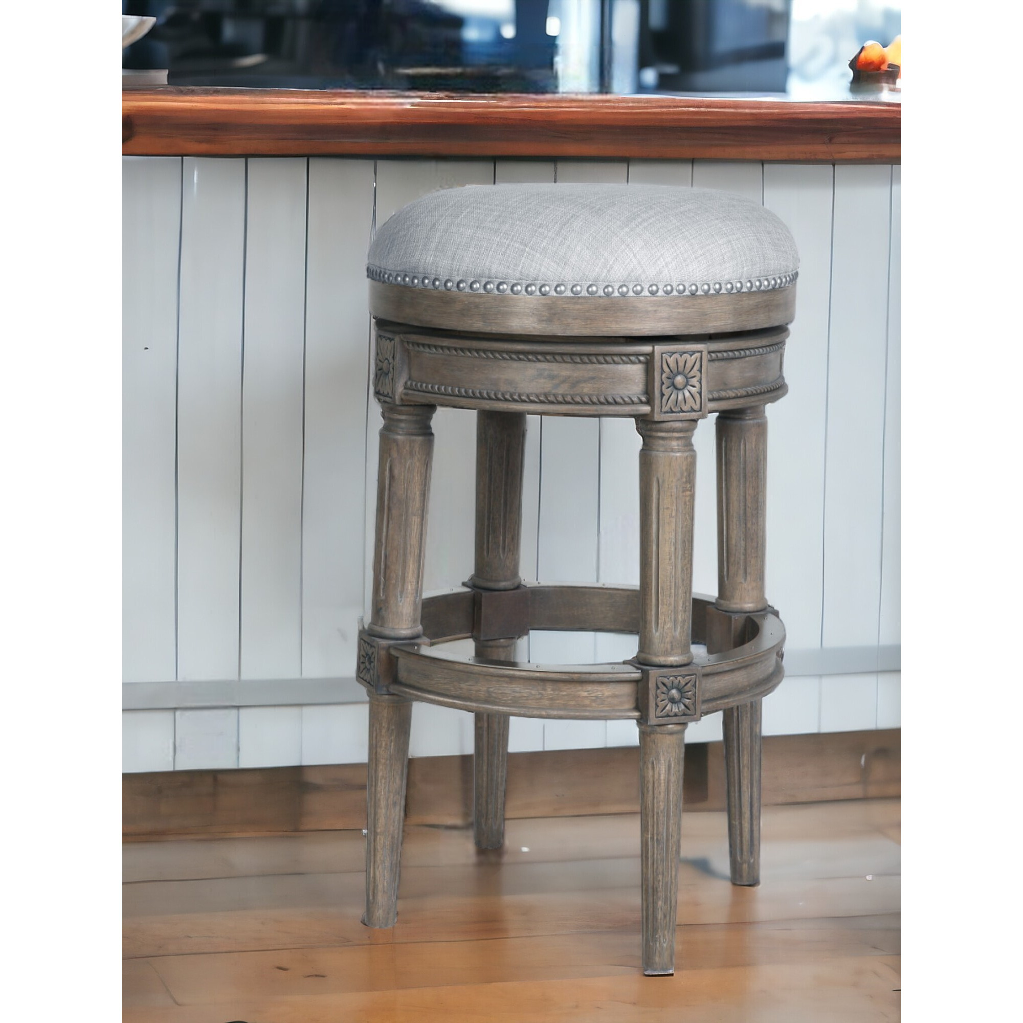 31"" Gray Solid Wood Swivel Backless Bar Height Bar Chair
