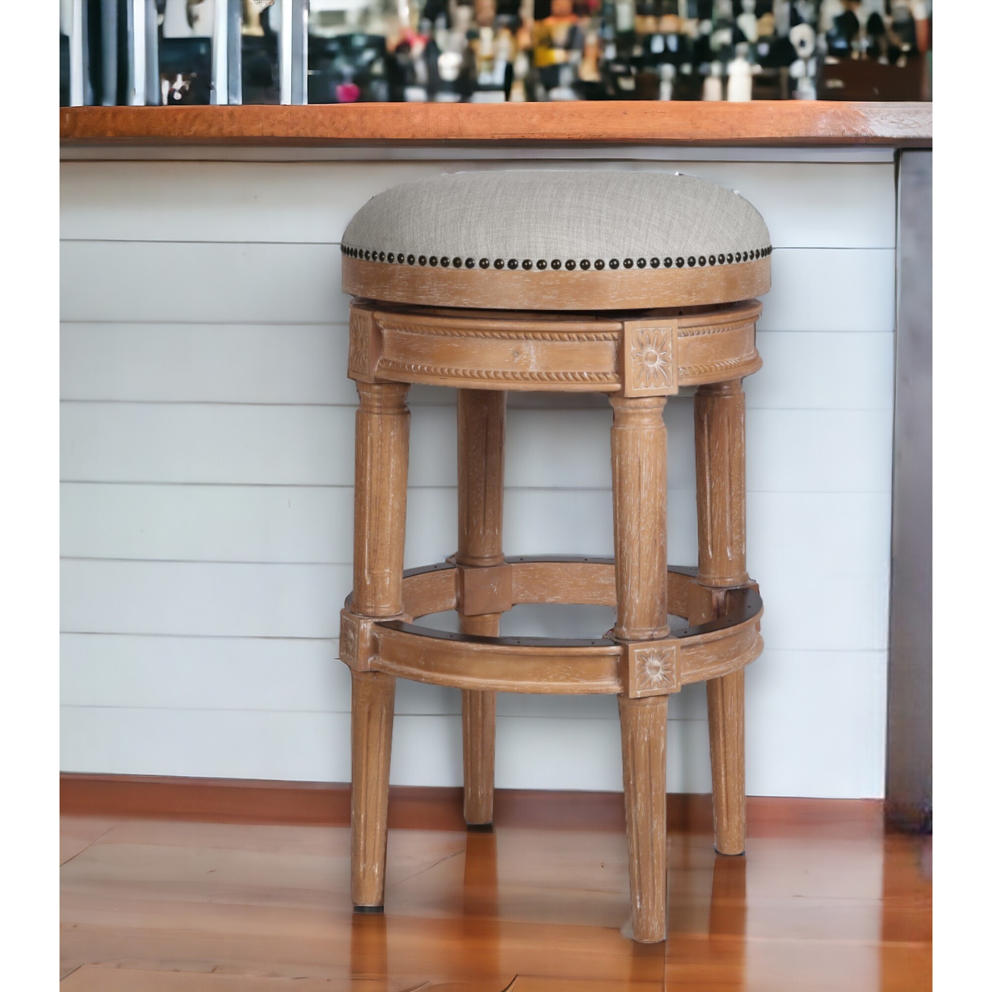 31"" Beige And Natural Solid Wood Swivel Backless Bar Height Bar Chair